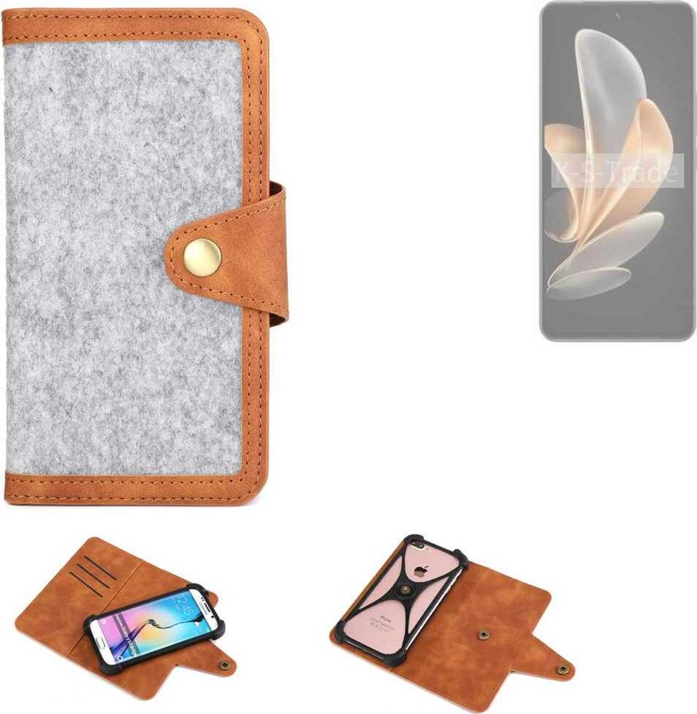 K-S-Trade Handyhülle kompatibel mit Vivo V30 Lite 4G Schutzhülle Filz-Hülle Kunst-Leder hellgrau braun (1x)