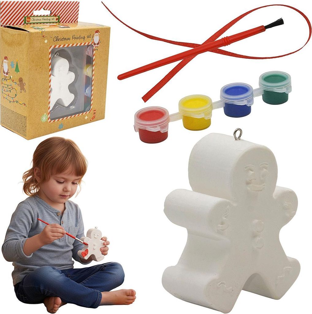 DIY Gips Weihnachtsfigur „Lebkuchenmann“ zum Bemalen – Bastelset mit 4 Farben, Pinsel & Band – Kreatives Malset für Kinder & Erwachsene ...