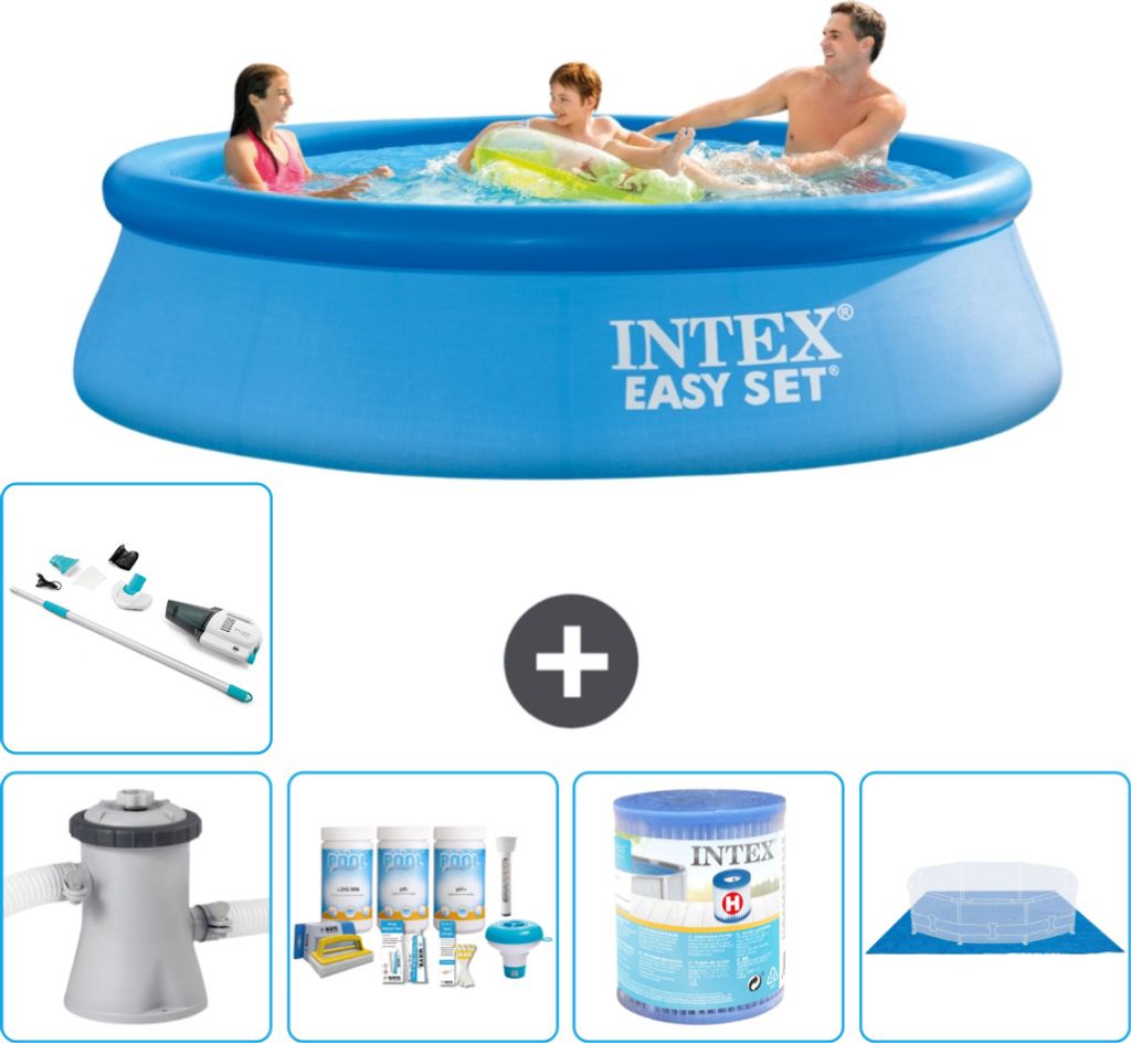 Intex runder aufblasbarer Easy Set-Schwimmpool – 305 x 76 cm – Blau – inklusive Pumpe Wartungspaket - Filter - Bodenplane - Staubsauger