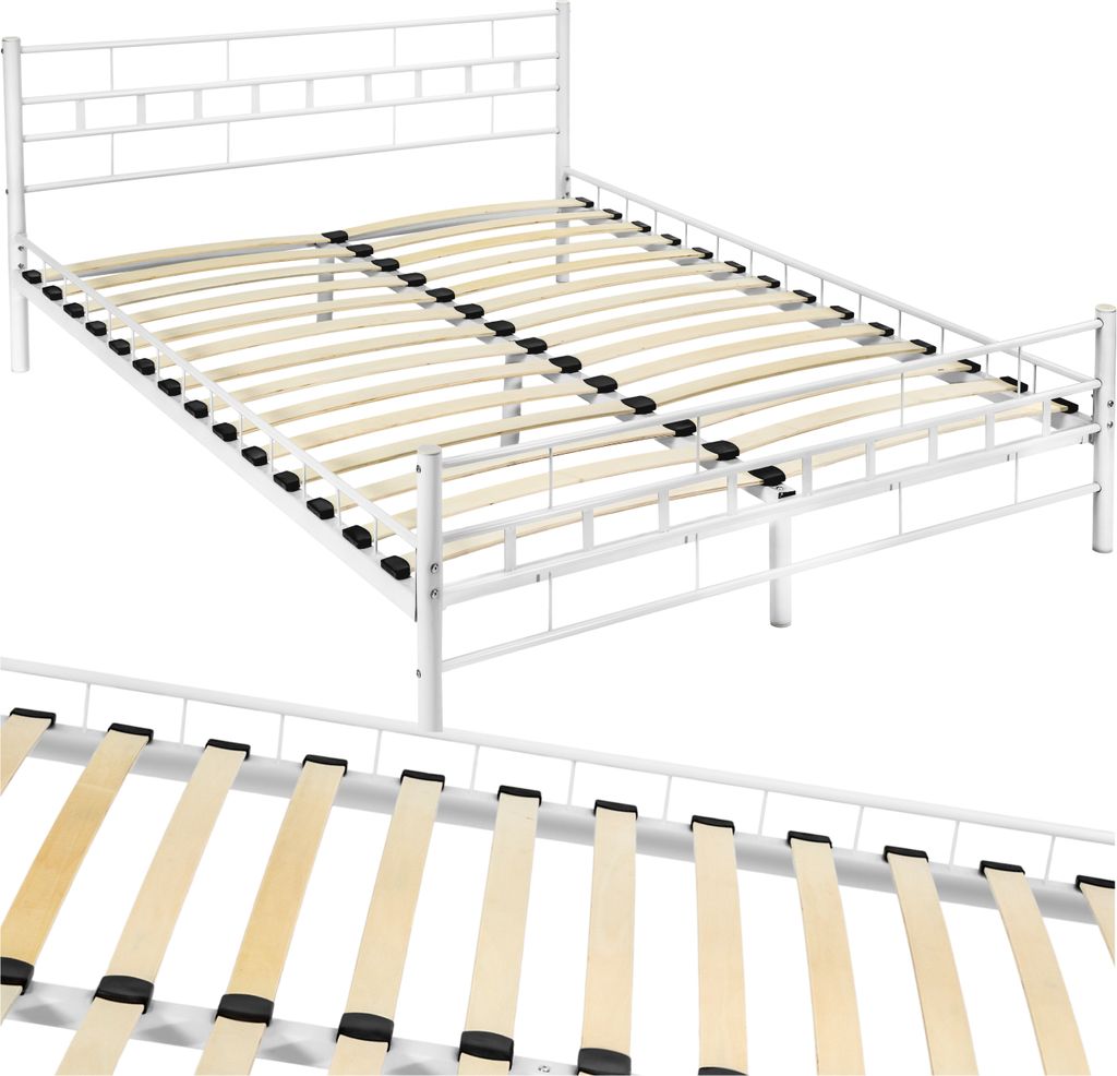 A white metal bed frame with wooden slats.