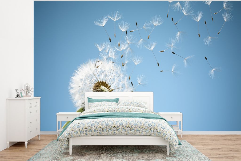 MuchoWow Fototapete für Wohnzimmer oder Schlafzimmer Wandtapete Vinyl Motivtapete Löwenzahn mit blauem Hintergrund - 350x260 cm - Wohnzimmer-Ta...