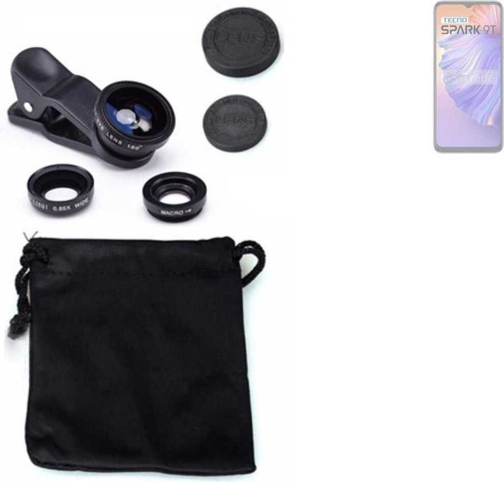 K-S-Trade Smartphone Kamera Linsen Set Kompatibel mit Tecno Spark 9T 3in1 Clip-On Kamera Adapter Macro Weitwinkel FishEye Fischauge Objektiv Linse