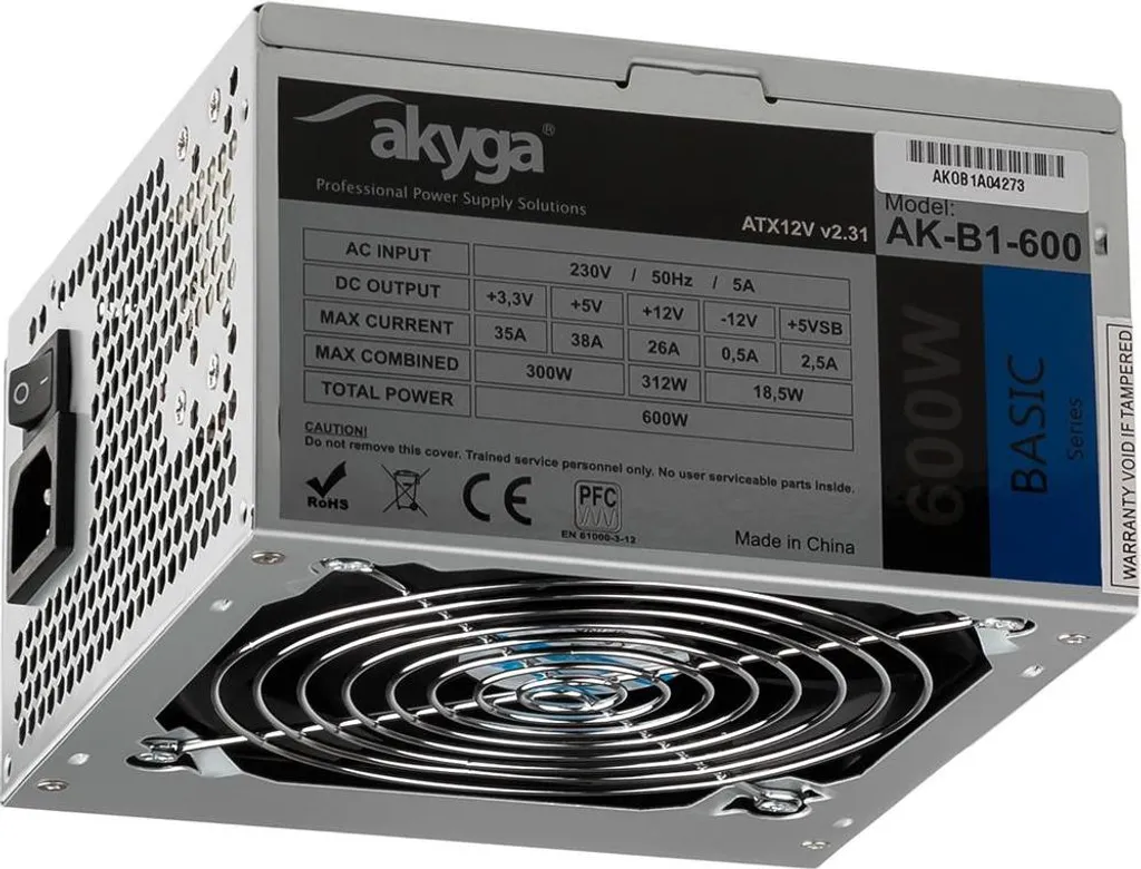 Alimentation PC 600W ATX Akyga AK-B1-600 pour Bureautique et Multimédia
