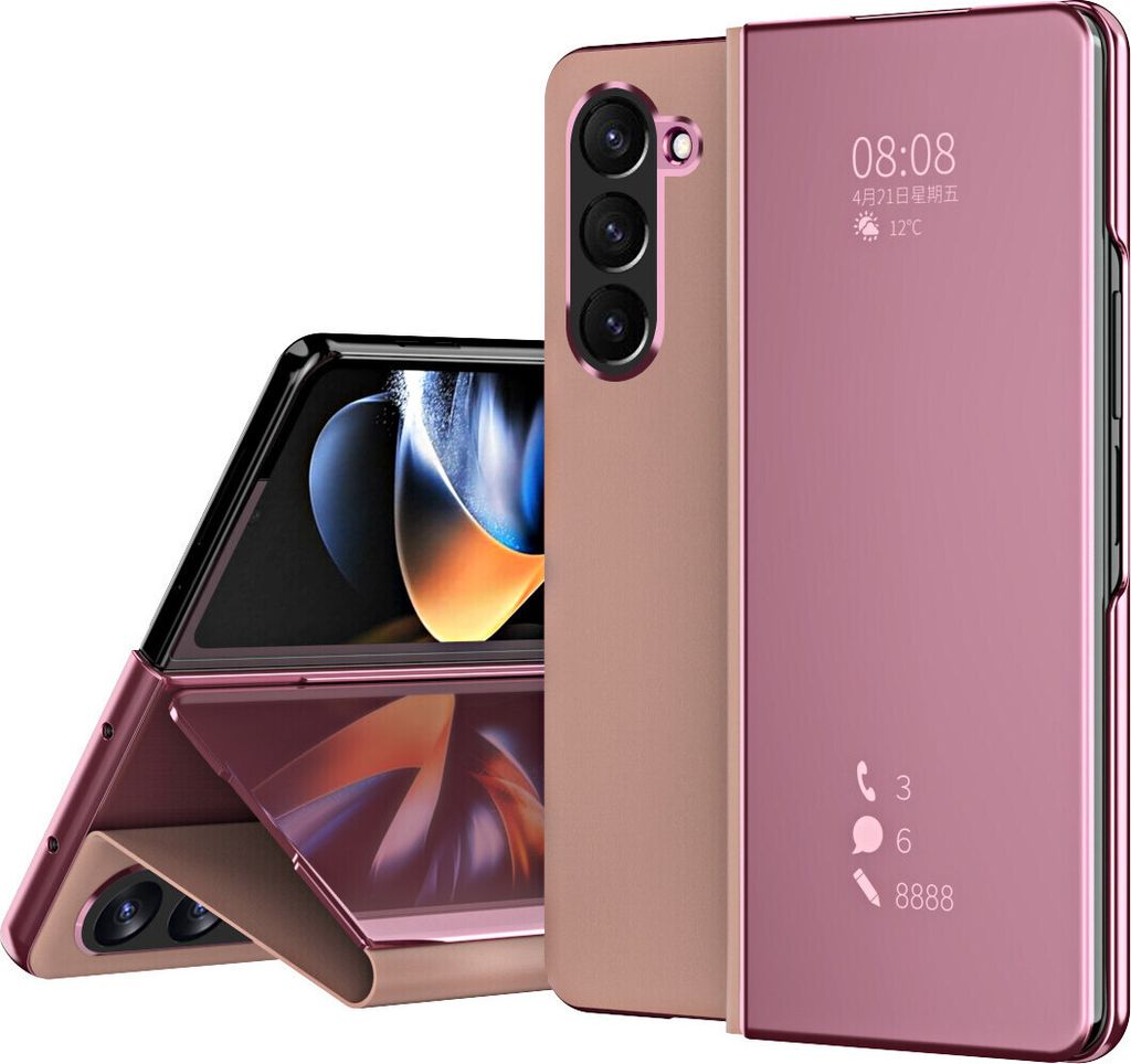 Hülle für Samsung Galaxy Z Fold 6 Lichtdurchlässigen Spiegel Abdeckung, Klappetui Ständer Kunstleder Schutzhülle Pink