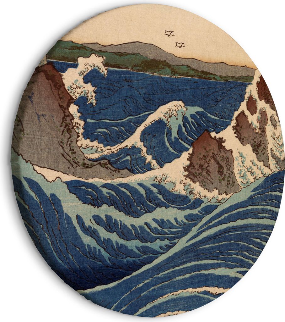 Italienischer Leinwand Rundes Bild - Woodcut Utagawa Hiroshige - Great Blue Wave 40x40 cm Reproduktionen l-G-10011-bc-a