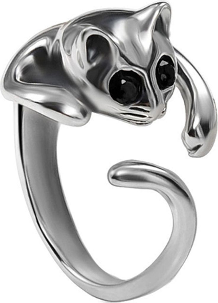 Schöner, versilberter Damen-Kätzchen-Katzen-Tier-Strass-Augen-Ring mit offenem Knöchel