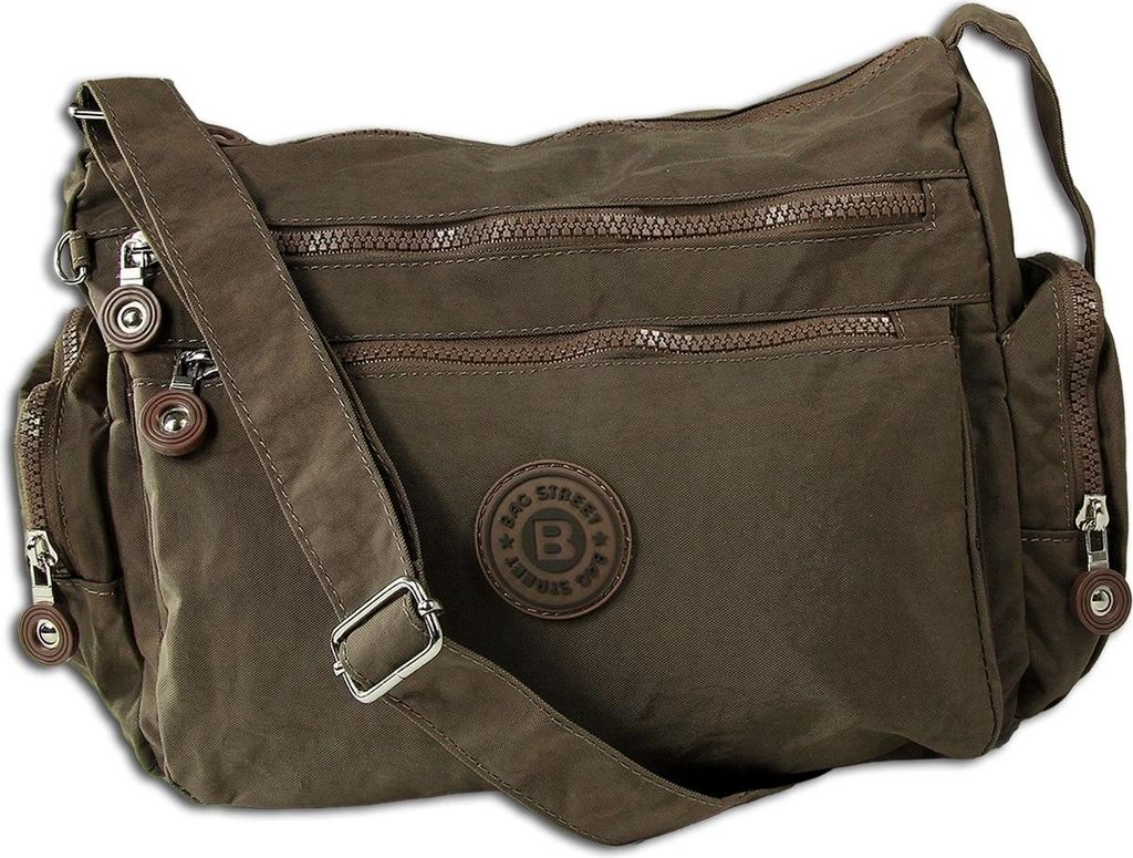 A brown nylon shoulder bag with multiple zippered compartments and a circular logo in the center.