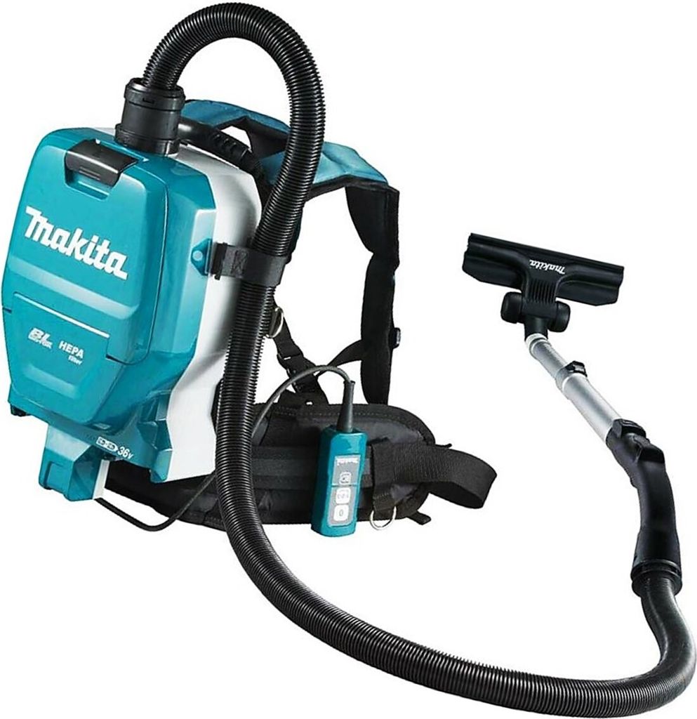 A teal and black Makita backpack vacuum cleaner with its hose and nozzle.