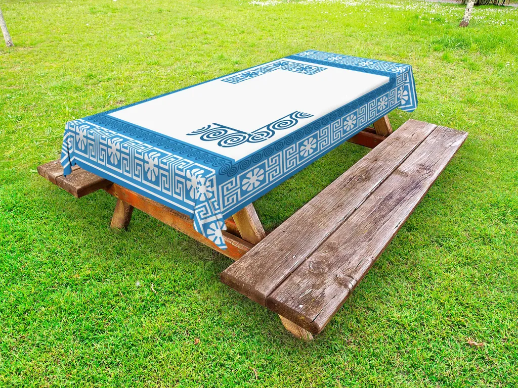 ABAKUHAUS Tovaglia da esterno Greek Key, bordo con tradizionale motivo vintage a quadrati blu con fiori bianchi e motivo fret, blu e bianco, 145x265 cm