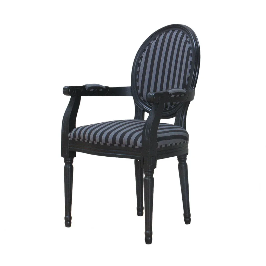 Chaise médaillon avec accoudoirs tissu rayé et finitions noir antique