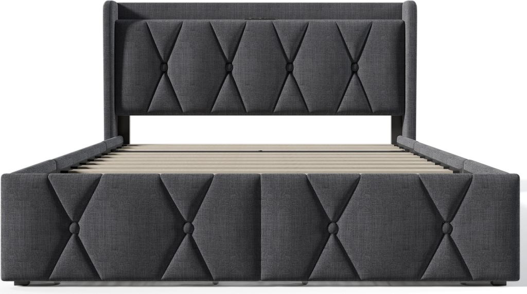 Doppelbett 140x200cm Polsterbett (Ohne Matratze) Grau Leinen Stauraumbett Mit USB Ladefunktion und 4 Schubladen Lattenrost aus Holz