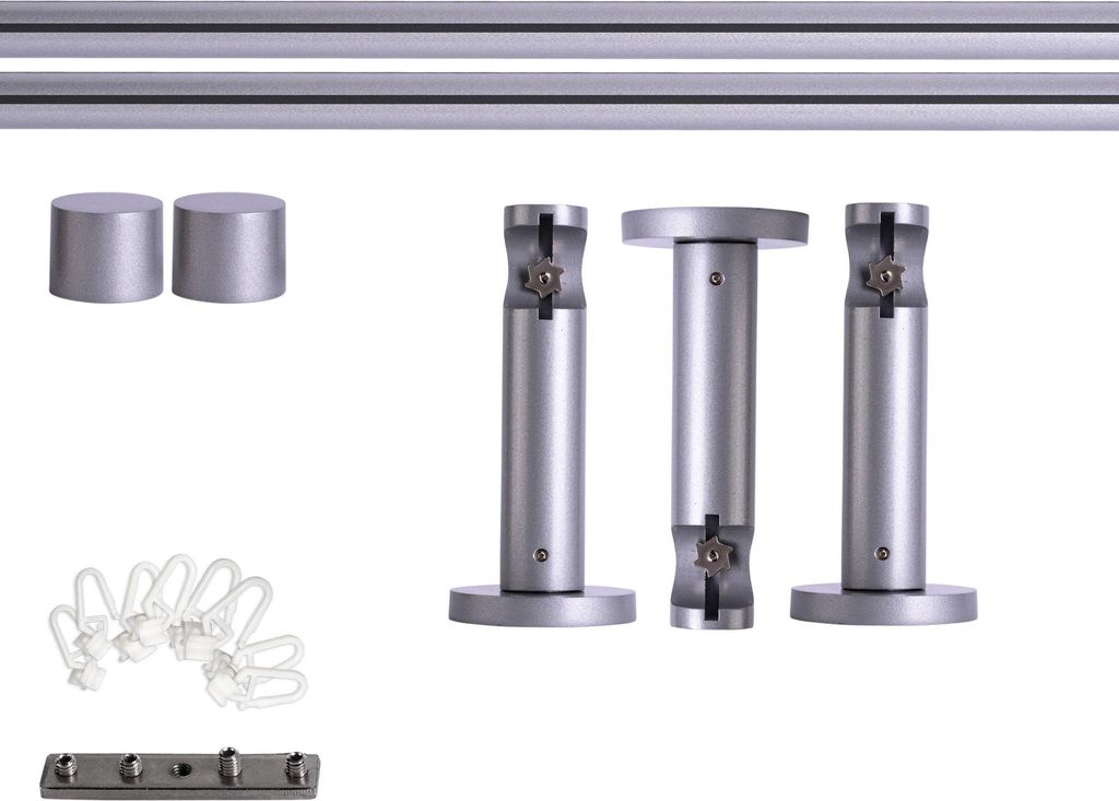 Victoria M. Gardinenstange Set Innenlauf, 1-läufig, 19 mm, 240 cm, silber + Wand, Kappe, Gleiter Komplettset Innenlauf mit Halterungen & Endst...