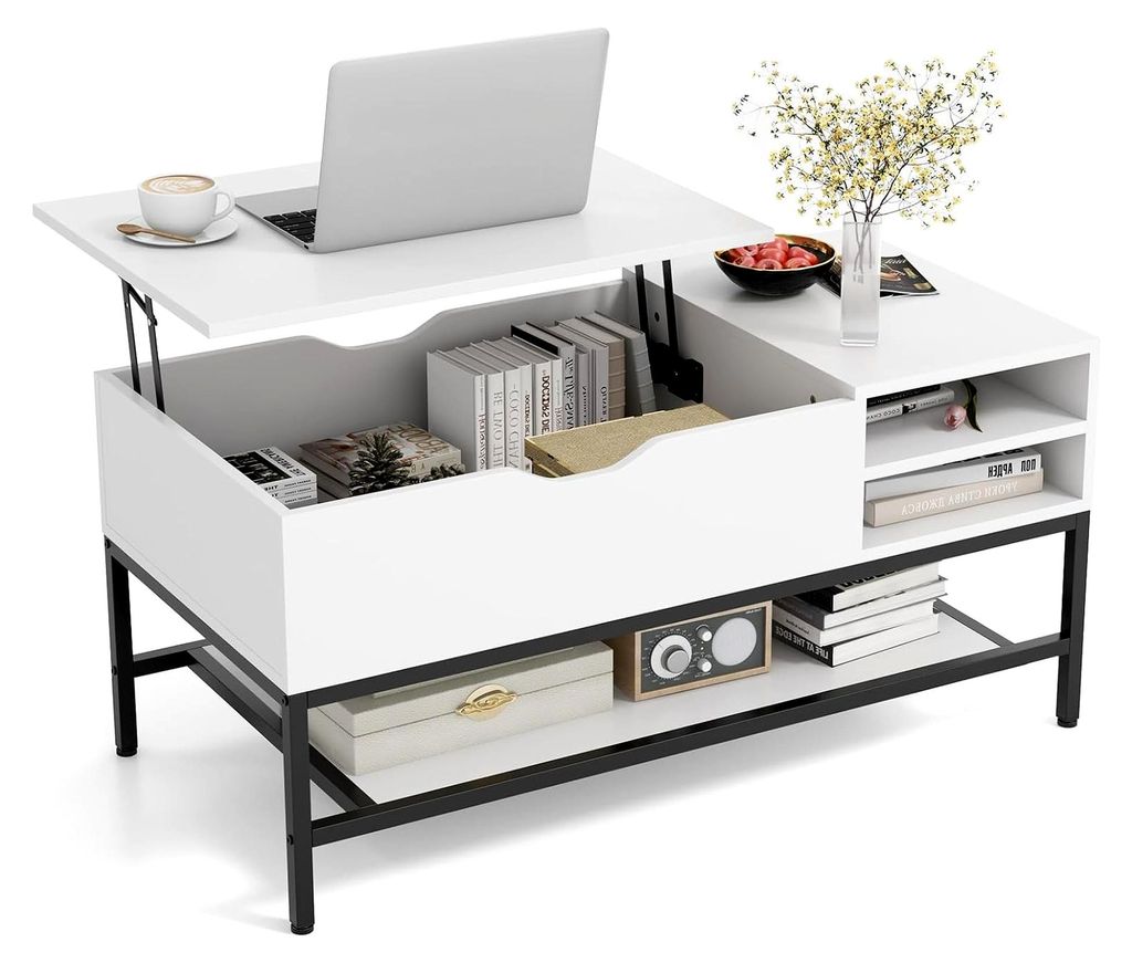 Höhenverstellbarer Couchtisch, 100 x 49,5 x 47,5 cm, mit versteckten und offenen Aufbewahrungsfächern, Metallbeinen, für Wohnzimmer, Schlafzimme...