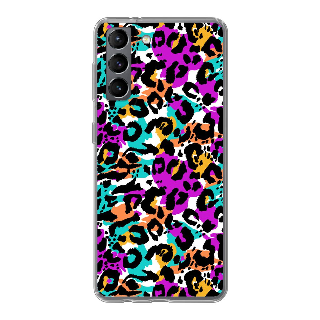 MuchoWow Handyhülle Schutzhülle Hülle für Samsung Galaxy S21 Pantherdruck - Regenbogen - Weiß Silikon Softcase Handy Hülle - Softcase