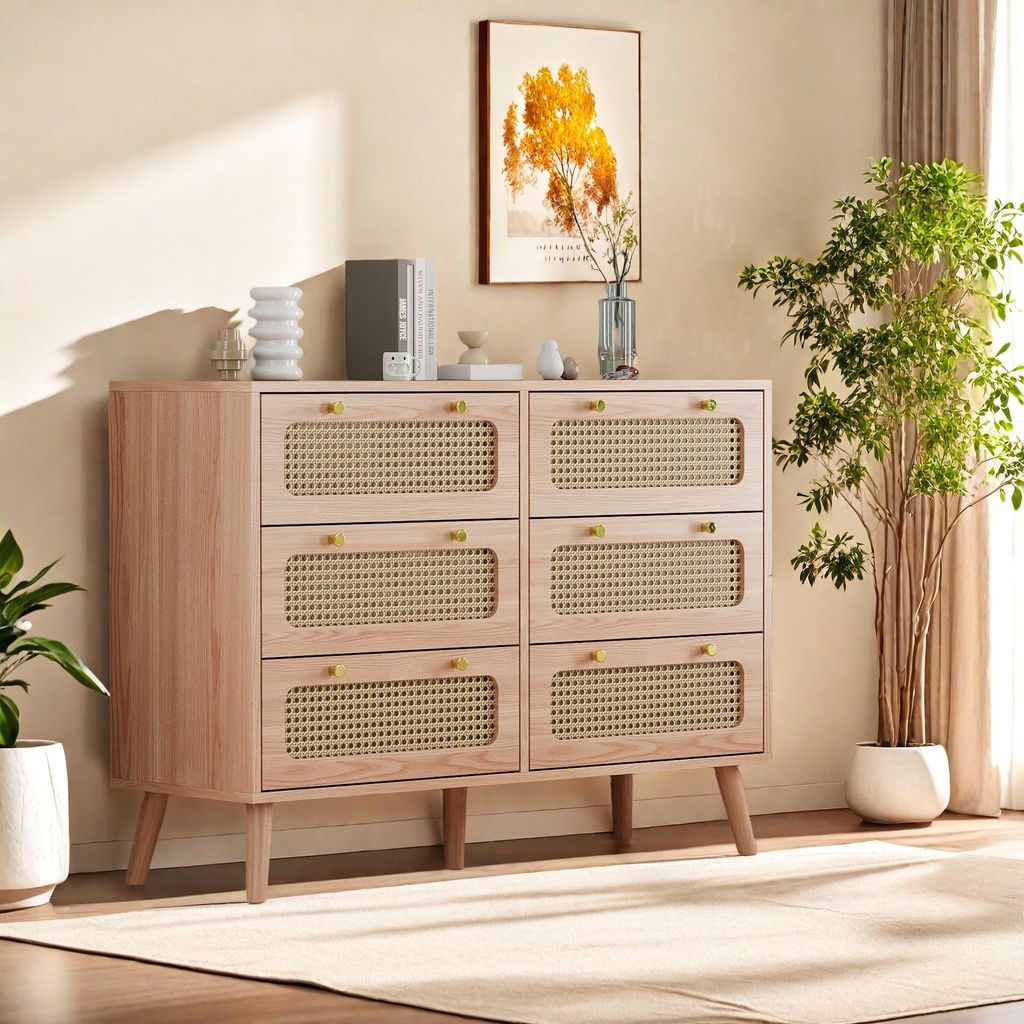 Fortuna Lai Kommode Buffet mit 6 Schubladen, Massivholzbeine, Modernes Design, Schlafzimmermöbel 100x34x73 cm, Braun