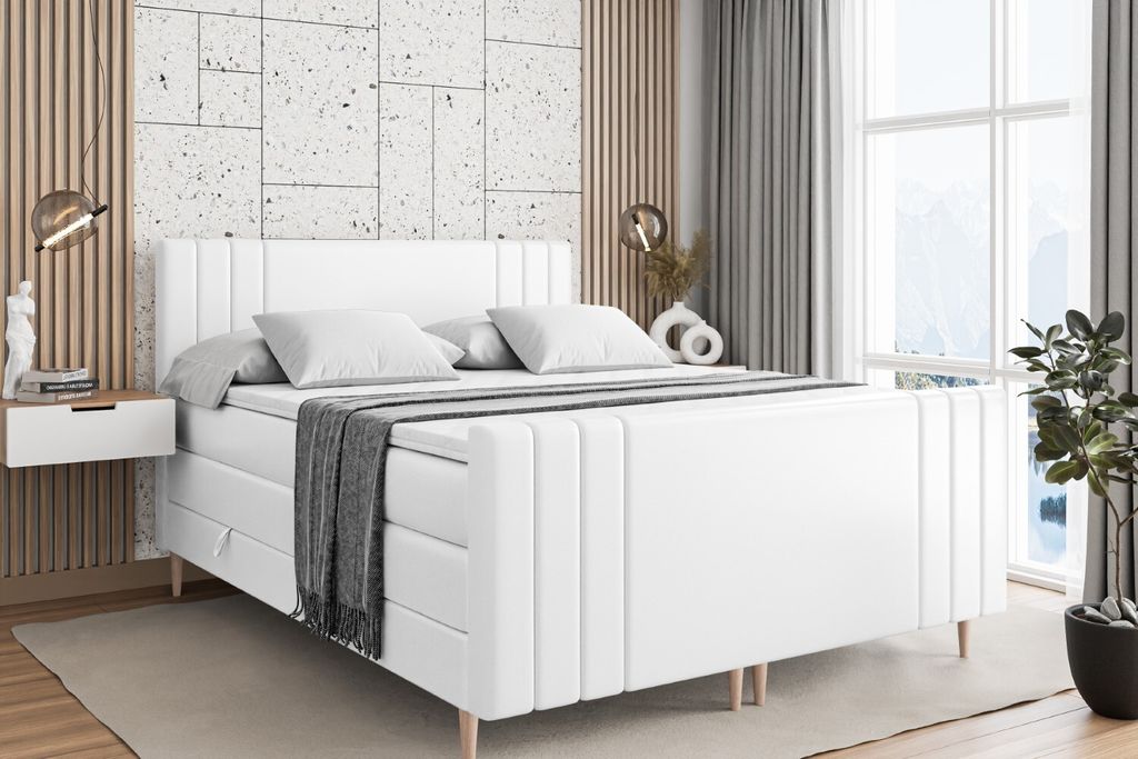 ALTDECOR Boxspringbett mit Holz Füßen, Matratze und Lattenrost, Topper, Fußteil, Polsterbett mit Bettkasten, Bett mit Stauraum H3- und H4- Matra...