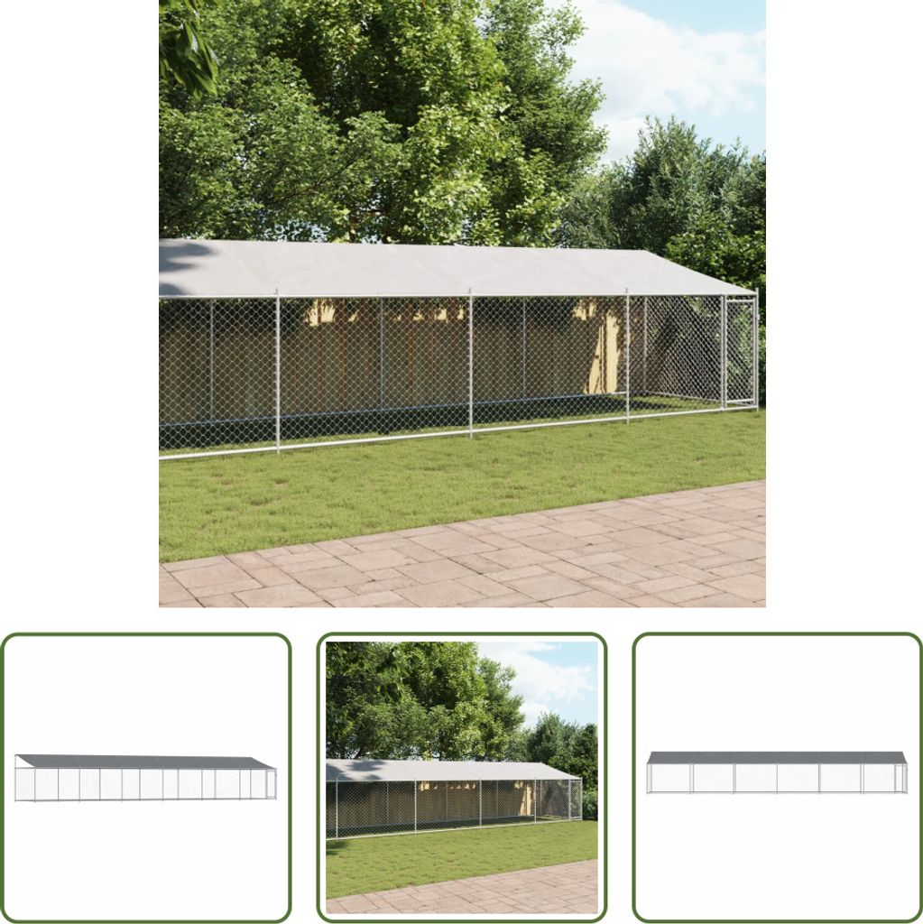 The Living Store Hundezwinger mit Dach und Tür Grau 12x2x2 m Verzinkter Stahl