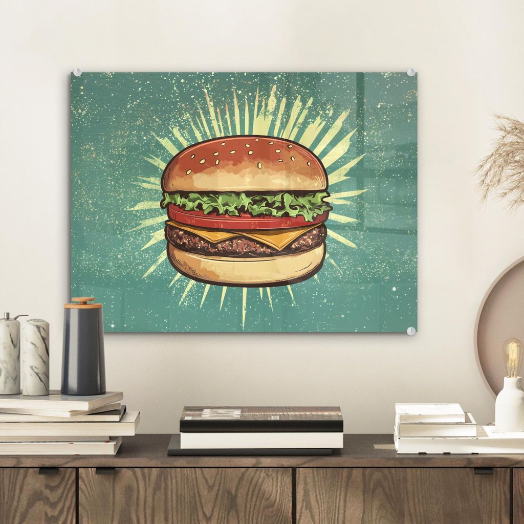 MuchoWow Glasbilder - Bilder auf Wandbild - Foto auf Glas Hamburger - Illustration - Salat - Käse 40x30 cm Wanddekoration aus Glas - Acrylglasbild...