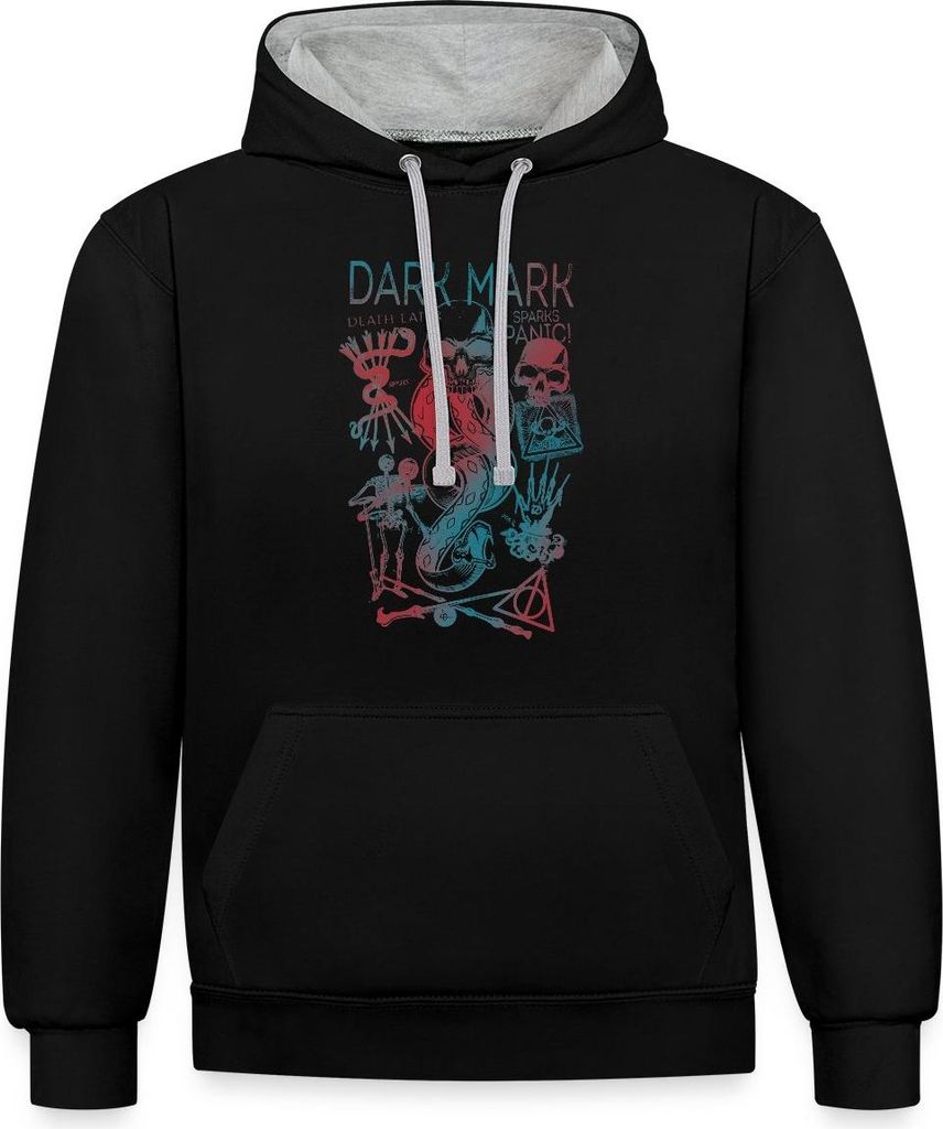 Spreadshirt Harry Potter Dunkles Mal & Horkruxe Design Uni Kontrast Hoodie, L, Schwarz/Grau meliert