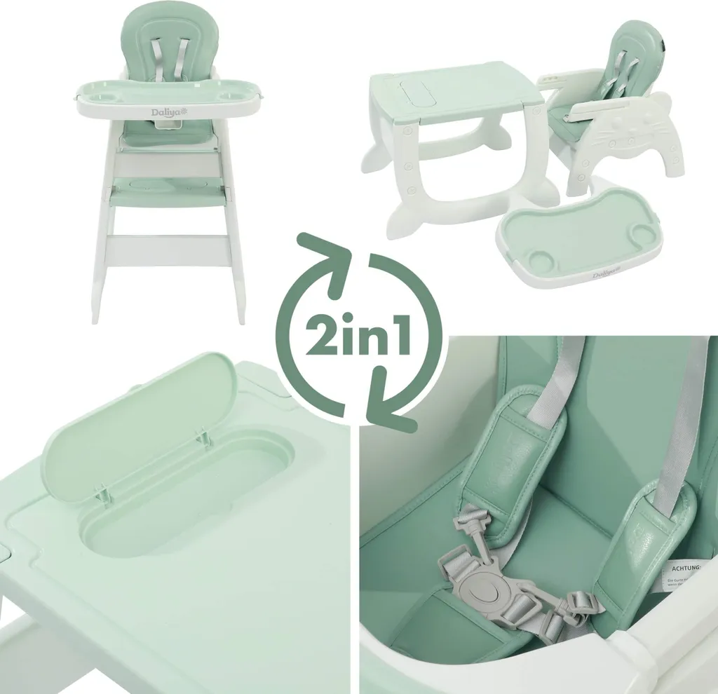 Chaise haute 4 en 1 harnais 5 points et tablette d'apprentissage - Vert