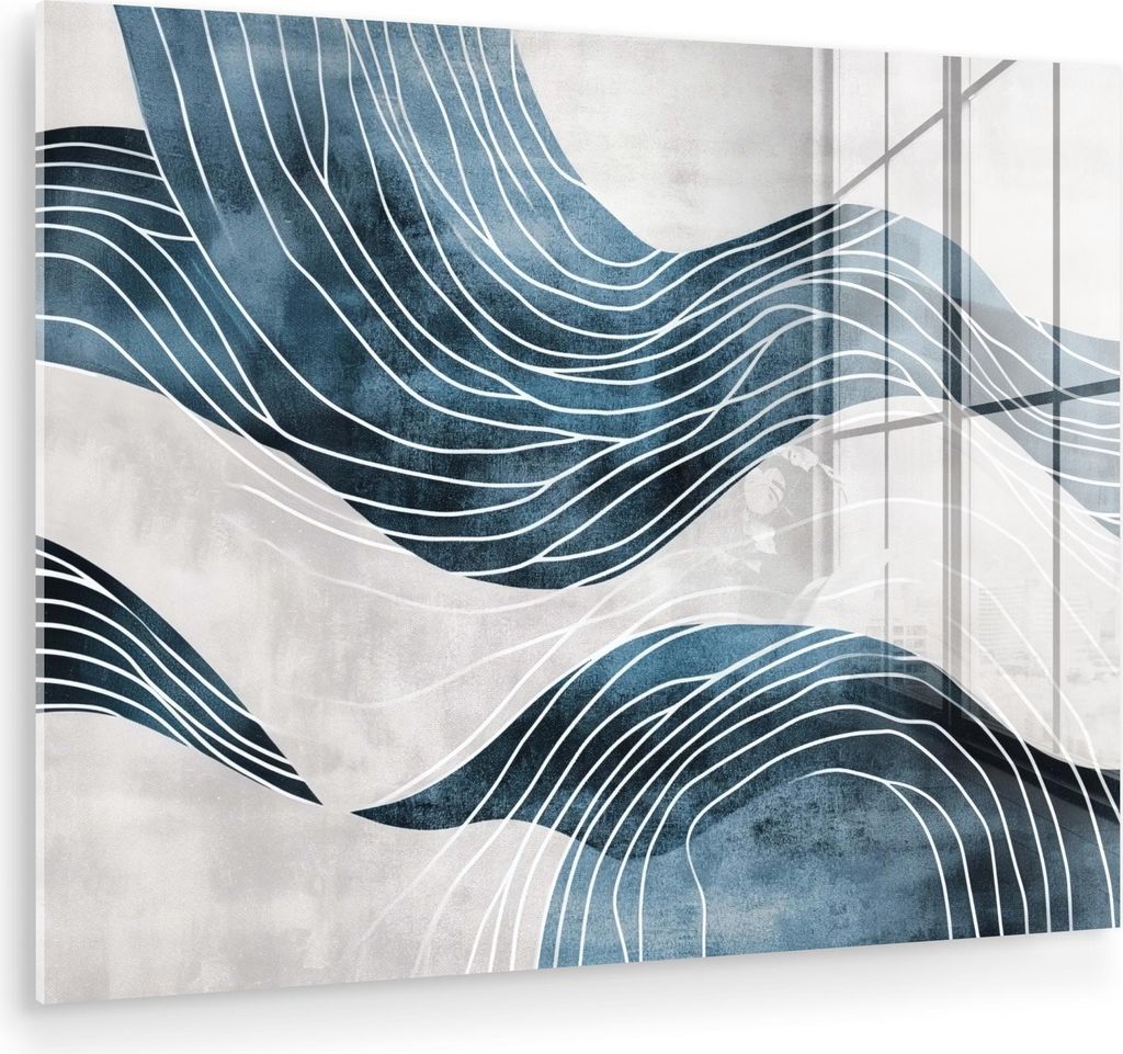 MuchoWow Glasbilder - Bilder auf Wandbild - Foto auf Glas Linien - Wellen - Abstrakt - Blau 40x30 cm Wanddekoration aus Glas - Acrylglasbild - Acry...