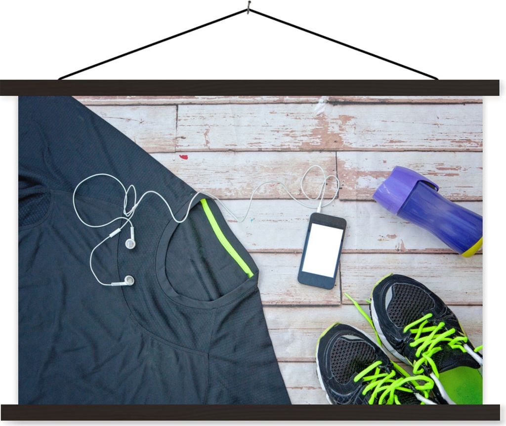 MuchoWow Textilposter Das Sportshirt und die Schuhe sind bereit für ein Fitnesstraining 150x100 cm mit schwarzem Rahmen - Schlafzimmer