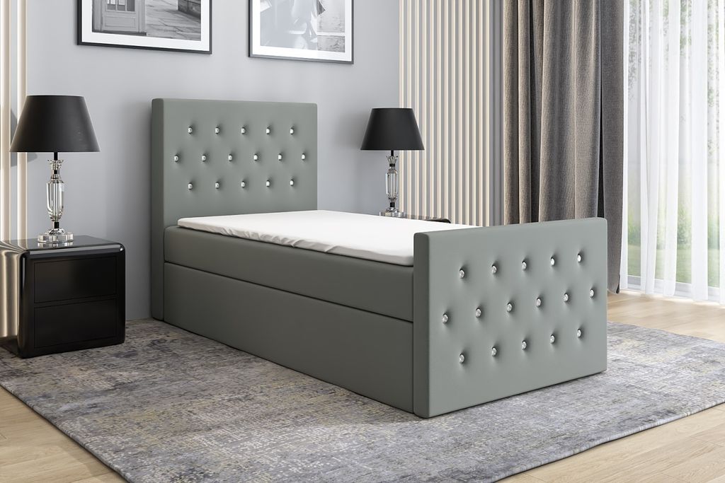 Boxspringbett, Jugendbett LILI 100x200 (Rechts) mit Bettkästen, Bonell-Matratze und Topper. Farbe: Grau
