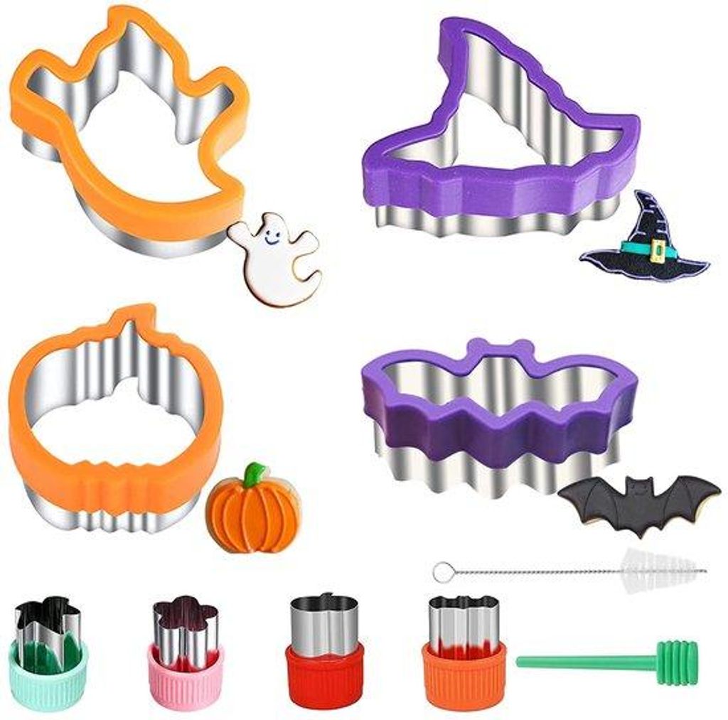 Halloween-Koekjesformen, 10 Stück, verschiedene Formen, Pompon, Gespenst, Fledermaus, Hexenhut, Gemüse und Obst, Edelstahl, zum Backen mit Kindern