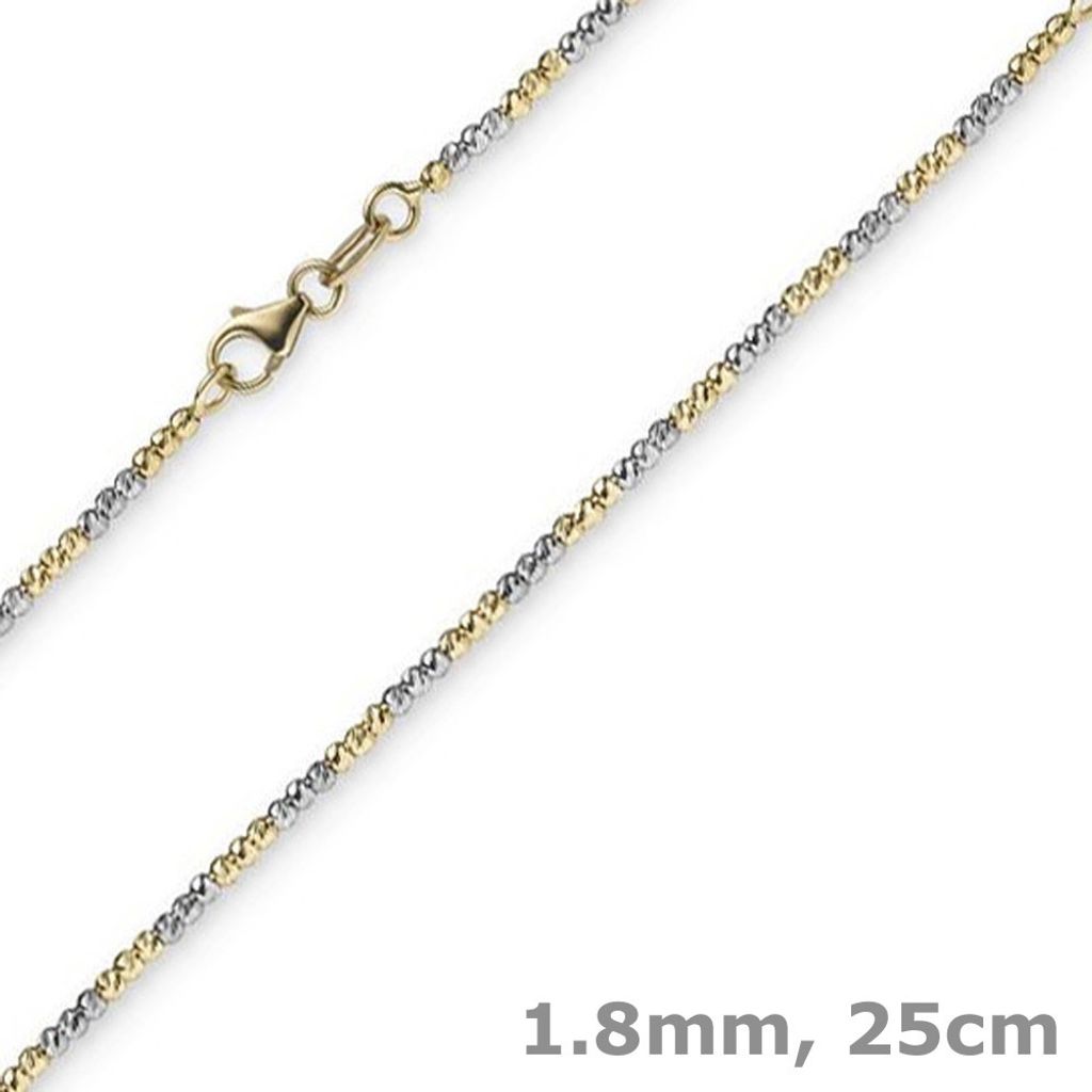 1,8mm Fußkettchen Fußschmuck Kugelkette diamantiert 585 Gold weiß/gelb 25cm