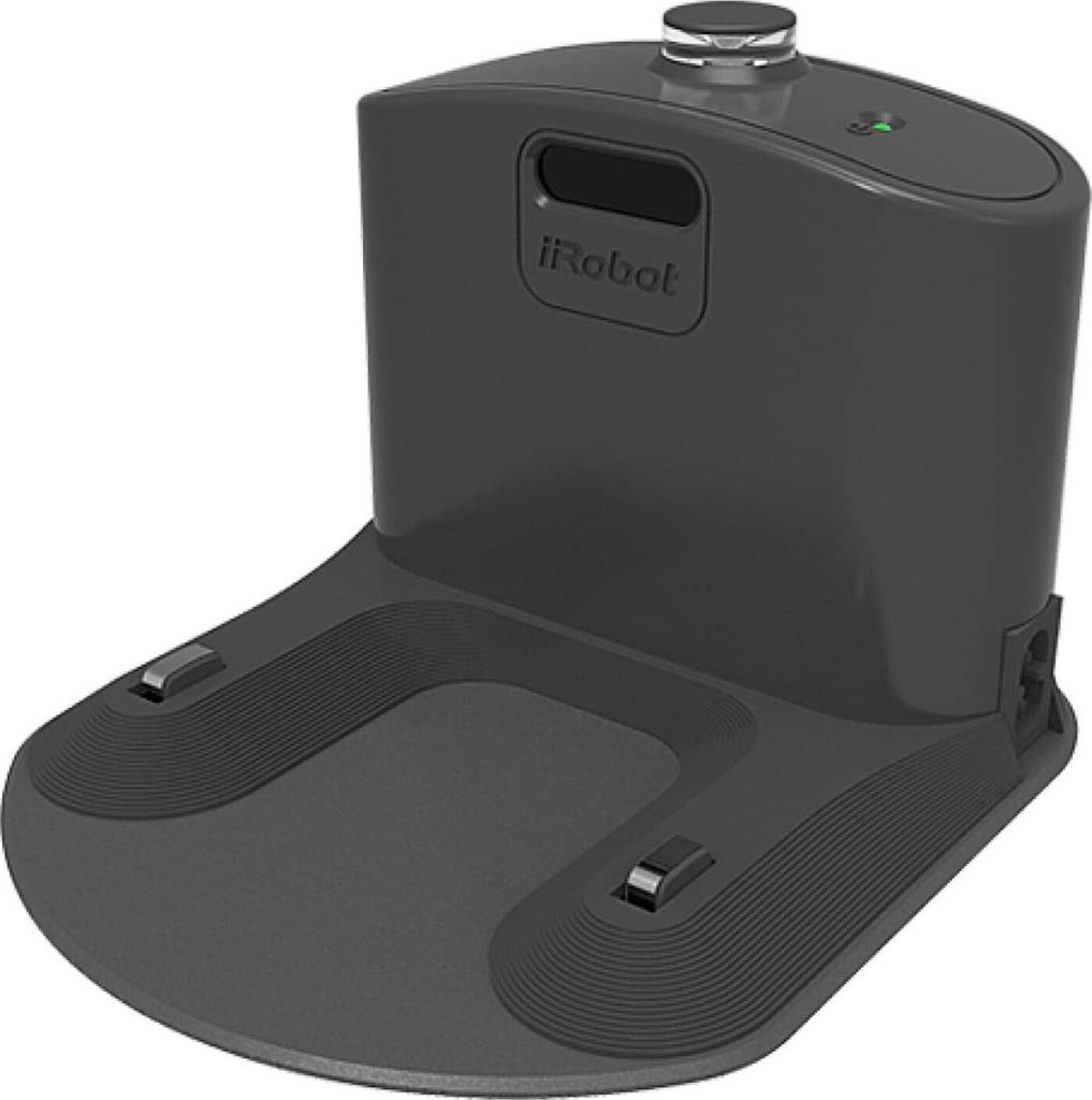 A dark gray iRobot charging station is shown against a light gray background.