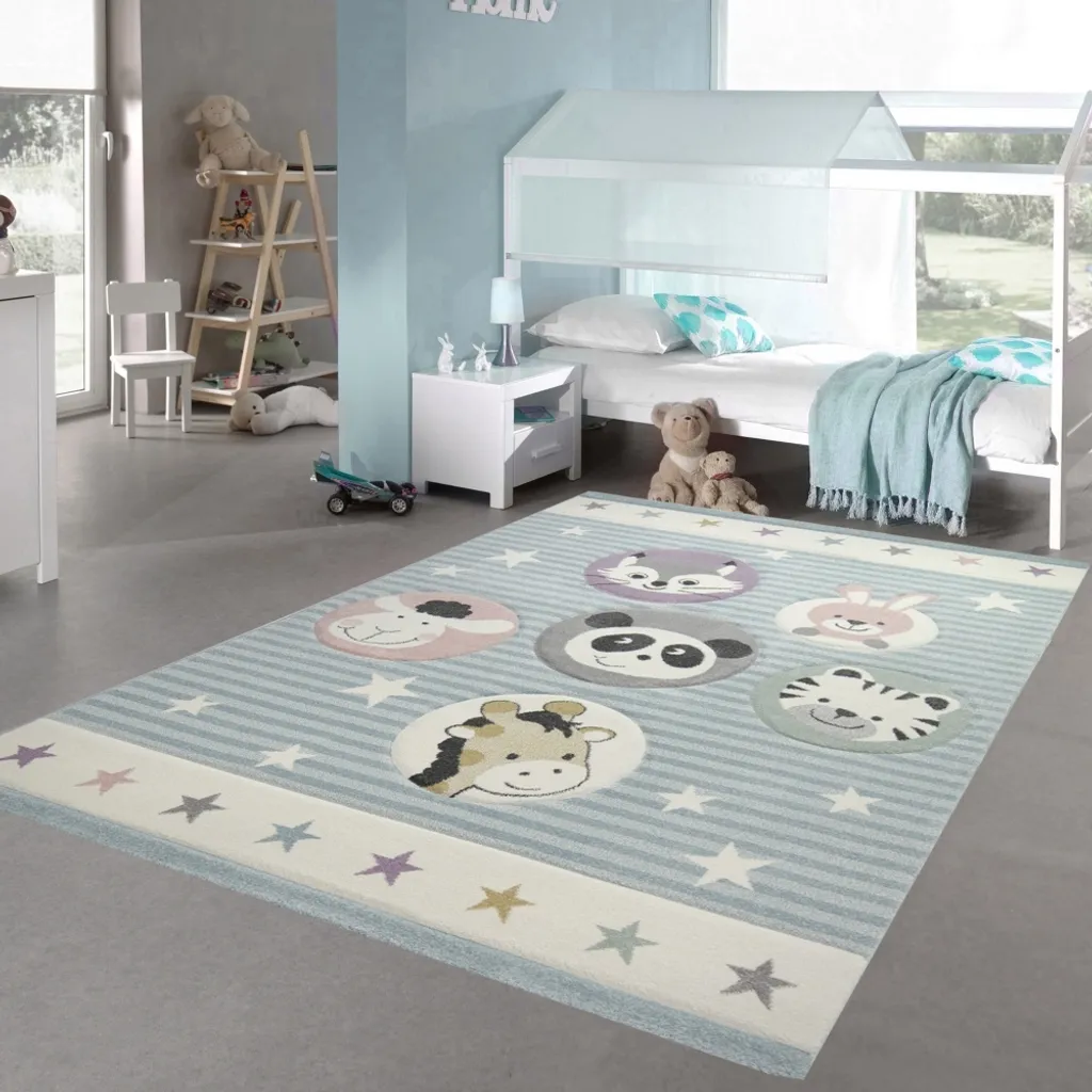 Tapis enfant Animaux bleu 200x290 cm : sol protégé et confort de jeu XL