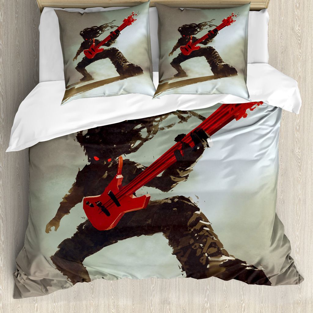ABAKUHAUS Fantasie Bettbezug, Hipster Rocker Gitarre, Milbensicher Allergiker geeignet mit Kissenbezügen, 155 cm x 220 cm - 80 x 80 cm, rot Grau