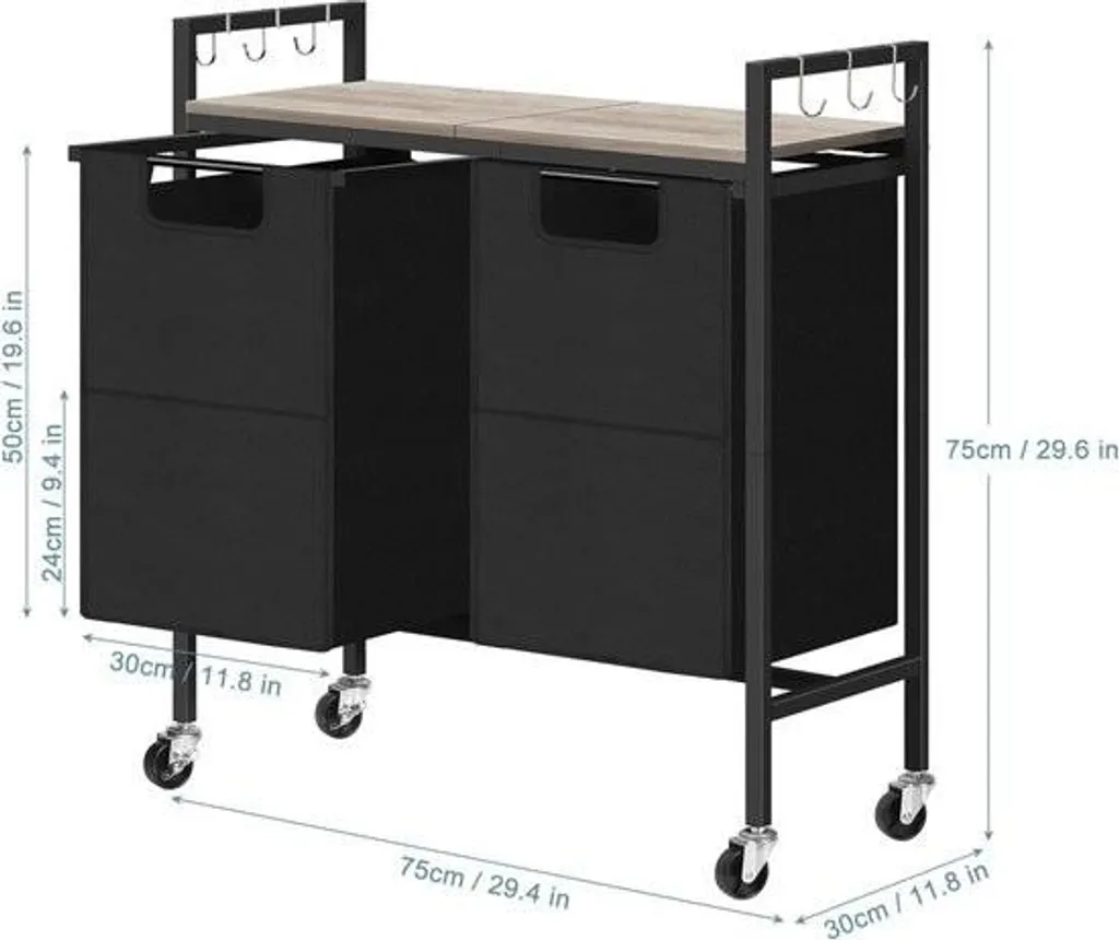 Chariot à linge pour buanderie avec 2 sacs de tri et tablette grise