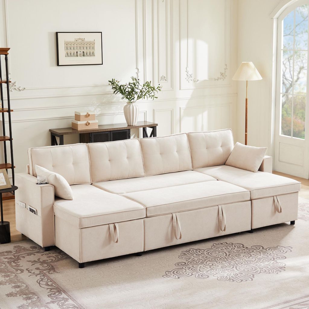 Merax Ecksofa, U-Form Sofa mit Schlaffunktion und Bettkasten, Getränkehalter, 4-Sitzer Couch, Bettsofa, Baumwoll-Leinen Couchgarnitur, Beige