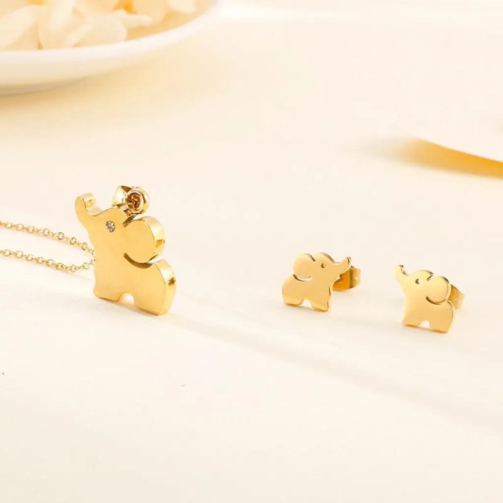 Set composto da collana e orecchini in oro con motivo elefante in acciaio - 2