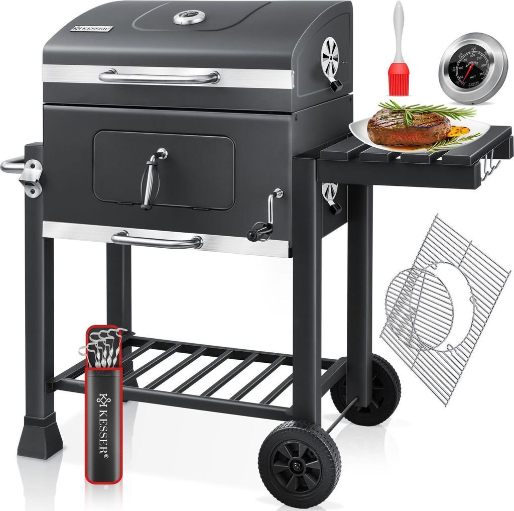 KESSER Grill Grillwagen XXL Holzkohlegrill mit Deckel, Rädern, Edelstahl-Griff, Grillrost und Thermometer Holzkohle kohlegrill Wagen groß Kohle...