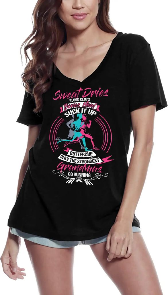 Damen Grafik T-Shirt V-Ausschnitt Omas gehen laufen - Läufer – Grandmas Go Running - Runner – Öko-Verantwortlich Vintage Jahrgang Kurzarm Lus...