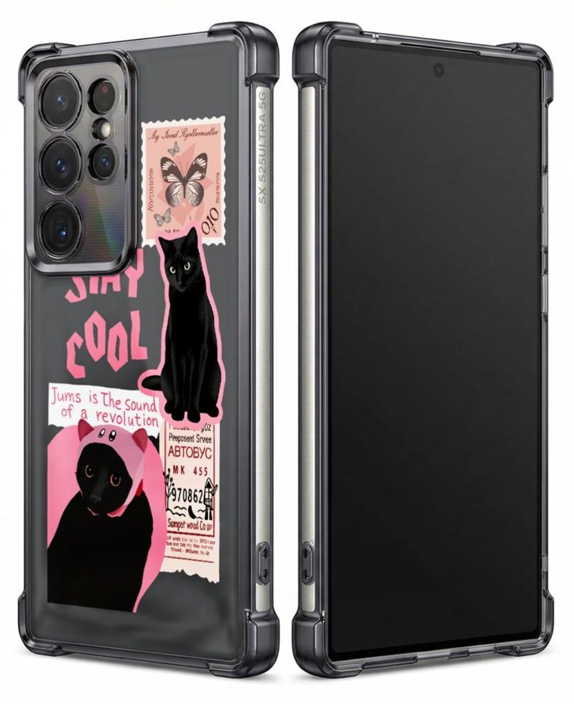 Personalisierte Hülle mit Bild für Samsung Galaxy S22 Elektroplattiert TPU Stoßdämpfer Handyhülle mit Schwarze Katze, rosa Text, Schmetterling