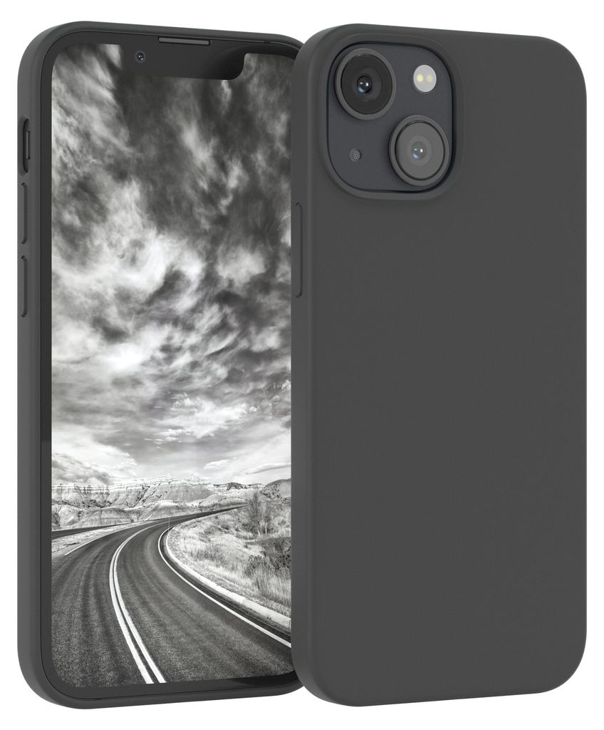 A dark gray silicone phone case is shown on the right, with a smartphone displaying a black and white image of a winding road and sky on the left.
