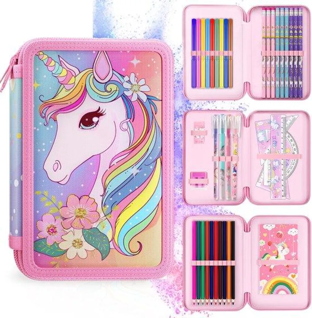 Trousse garnie pour fournitures scolaires rose pour fille de 11cm