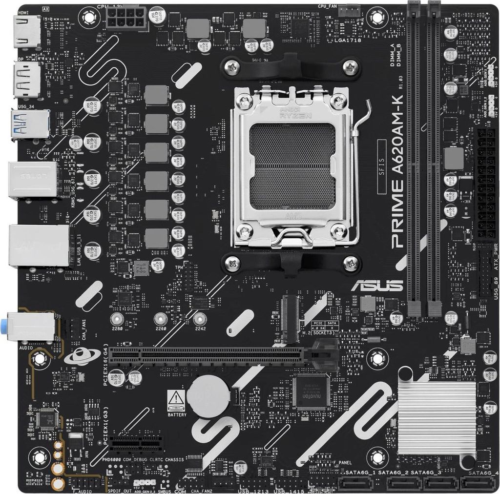 ASUS PRIME A620AM-K - Motherboard - micro ATX - Socket AM5 - AMD A620A Chipsatz - USB 3.2 Gen 1 - Gigabit LAN - Onboard-Grafik (CPU erforderlich)