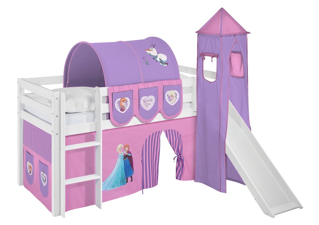 Spielbett Hochbett Kinderbett Kinder Bett mit Turm und Rutsche Vorhang 