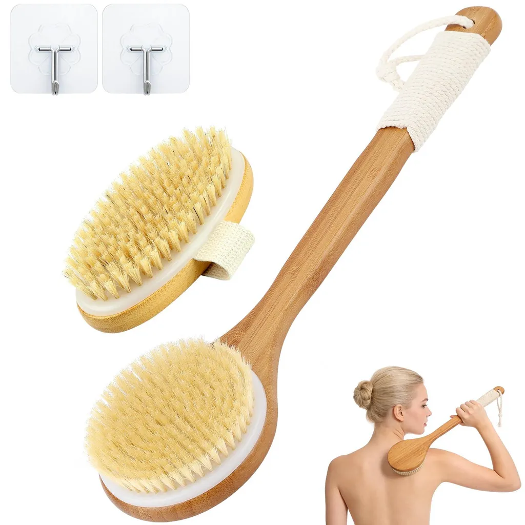 Brosse de bain en bois avec manche amovible, set de 2 pour gommage corps