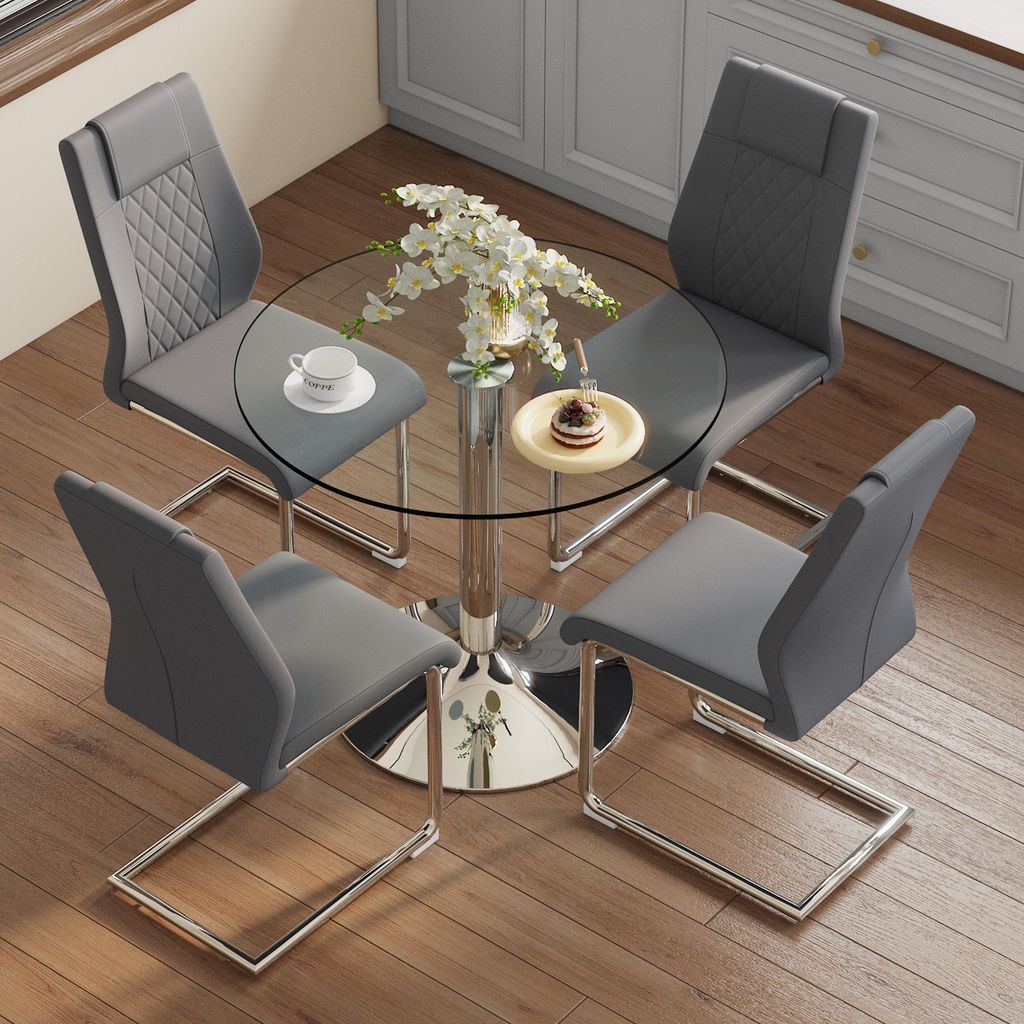 Modernes Esstisch-Set Rund Ø 85cm - Glastisch aus Sicherheitsglas mit 4 Kunstleder Stühlen - Platzsparende Essgruppe für Küche & Wohnzimmer