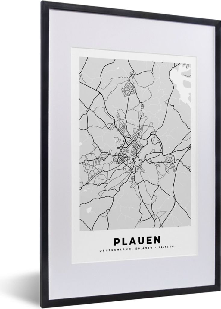 MuchoWow Gerahmtes Poster Karte - Plauen - Deutschland - Stadtplan 40x60 cm - Poster mit Schwarzem Bilderrahmen Wandposter Rahmen Foto Bilder - P...