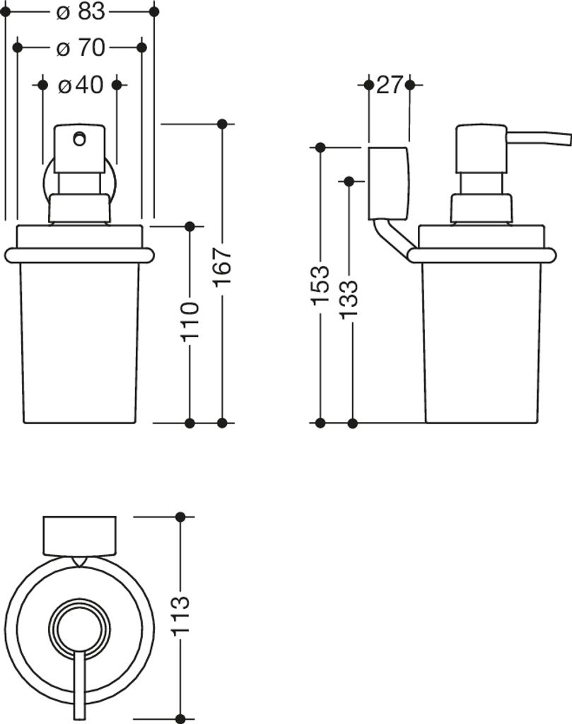 HEWI Seifen- oder Desinfektionsmittelspender mit Halter, Edelstahl verchromt, zur Klebemontage