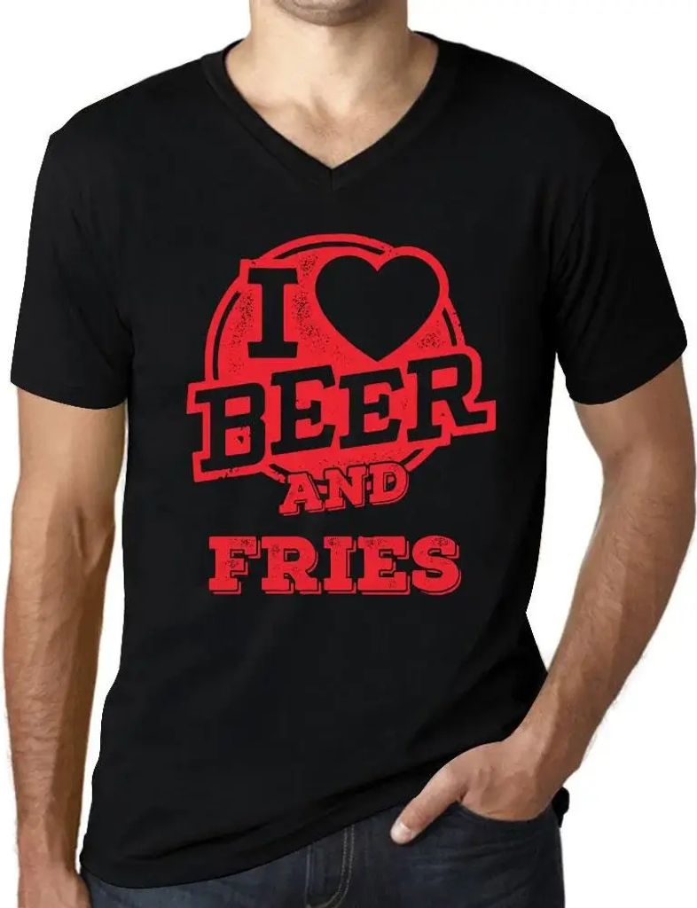 Herren Grafik T-Shirt V-Ausschnitt Ich liebe Bier und Pommes Frites – I Love Beer And Fries – Öko-Verantwortlich Vintage Jahrgang Kurzarm Lustige