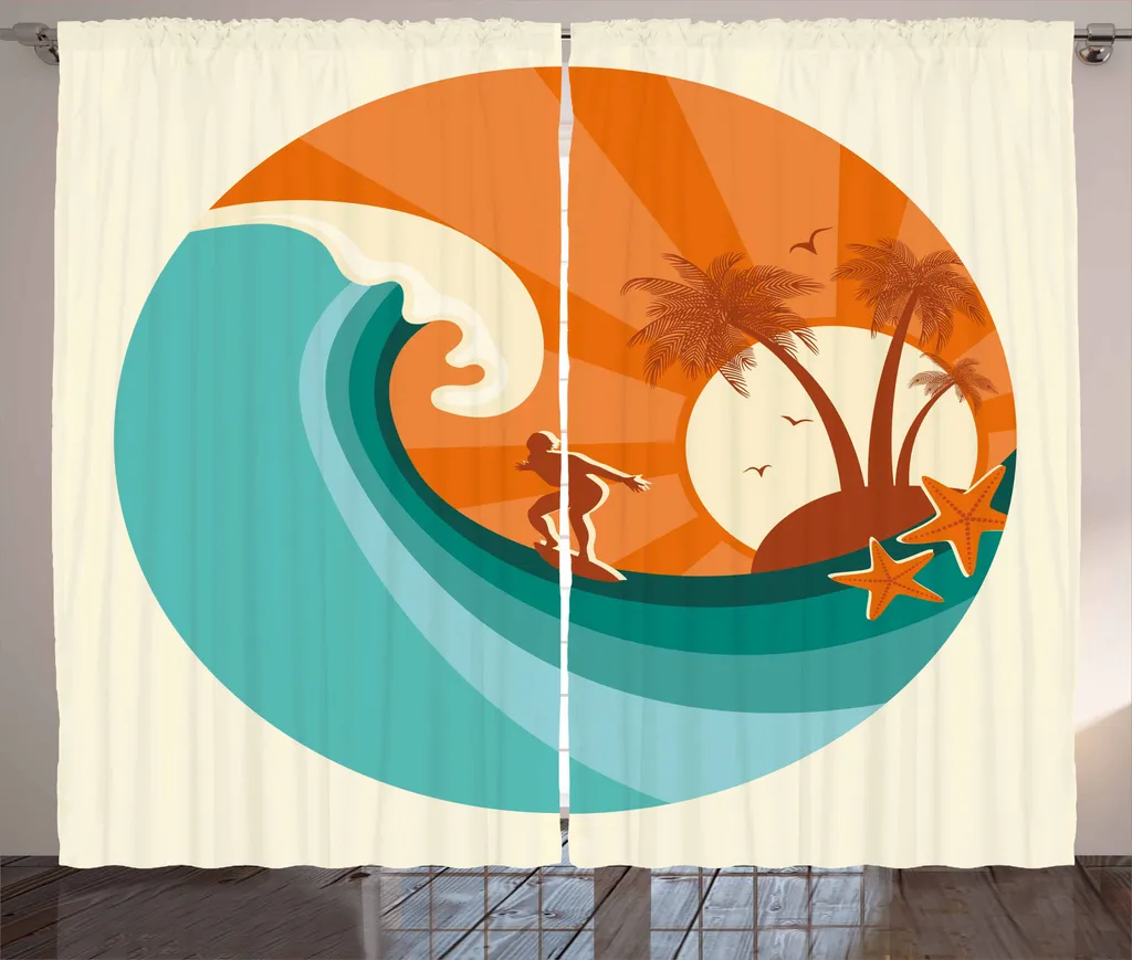 ABAKUHAUS Rideau de Salon Ride the Wave 280x225cm Rétro Orange et Bleu