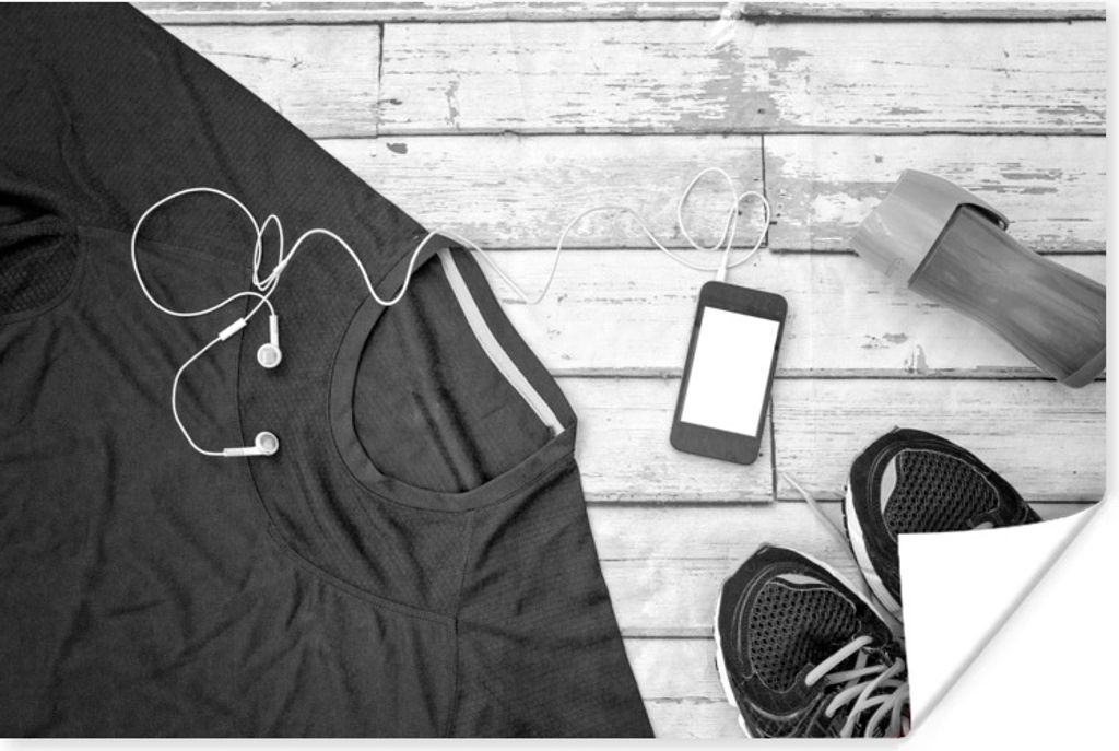 MuchoWow Poster Das Sport-Shirt und die Schuhe sind bereit für ein Fitness-Workout - schwarz und weiß 90x60 cm - Schlafzimmer