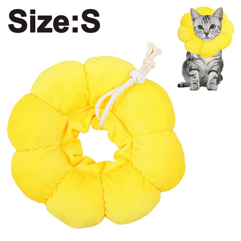 A yellow sunflower-shaped pet recovery collar is shown, with a small inset image of a cat wearing the collar.